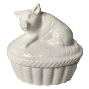 Vintage White Porcelain Covered Pig Trinket Box Farmhouse Country Decor